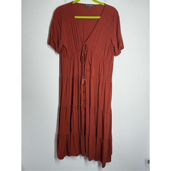 J Gee Women’s Tiered Maxi Boho Dress Short Sleeve Button Down Size L - Picture 1 of 10